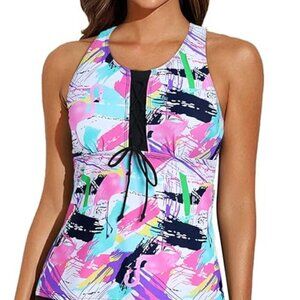 Aleumdr Womens Racerback Color Block Print Tankini Swimsuits with Swim Capris